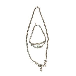 Faux Diamonds Rhinestones Silver Bracelet Necklace Set Vintage Jewelry Pendant